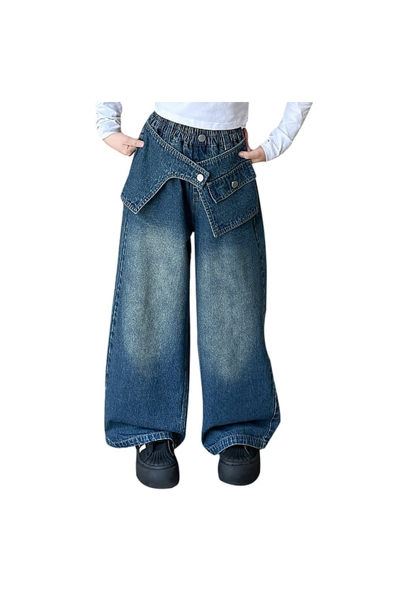 Teen Girls Buckle Wide Leg Jeans Straight Elastic High Waist Streetwear Denim Pants Stylish Casual Trousers 𝖳rendy Outfit