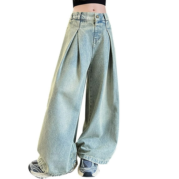 XQYLOS Teen Girls High Waist Button Fly Baggy Jeans Wide Leg Loose Fit Y2K Streetwear Denim Pants 𝖲tretch Comfort with Functional Pockets