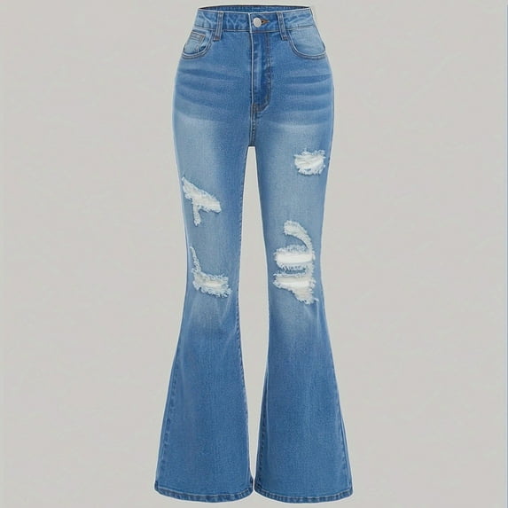 XQYLOS Teen Girls Ripped Slim Boot-Cut Jeans High Waist Tight Trousers Ripped Bell-Bottoms Kids Girls Wide Leg Jeans Cute Casual