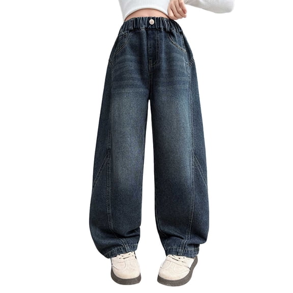 XQYLOS Teen Girls Vintage Baggy Jeans, High Waist Elastic Straight Leg Denim Pants with Pockets | Wide Leg Fall Trousers for Kids Retro Comfort Fit