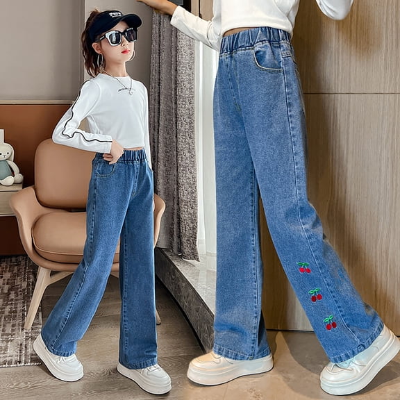 XQYLOS Teen Girls 𝖸𝟤𝖪 Wide Leg Embroidered Denim Pants Baggy Streetwear Jeans Elastic Waist Prepy Trousers with Pockets