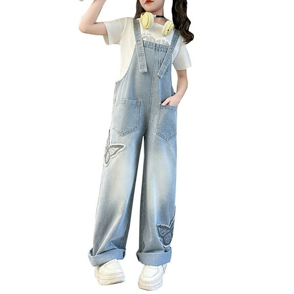 XQYLOS Teens Y2K Jumpsuit Girls Wide Leg Jumpsuit Children's Trendy And Fashionable Patchwork Butterfly Short Sleeved Overalls Set Jeans And Pants