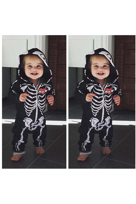 Toddler Baby Boys Girls Hooded Skeleton Jumpsuit Romper Halloween Outfit Jumpsuit Scary Bone Print P𝖺rty Wear Clothes