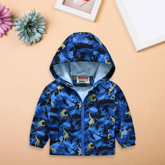 XQYLOS Toddler Baby Dinosaur Print Rain Jacket for Boys Girls Cartoon Hooded Lightweight Windbreaker Raincoat with Full Zip Up Front Fastener Casual Outerwear Clothing
