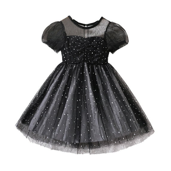 XQYLOS Toddler Black White Polka Dot Dress Short Sleeve Tulle Party Dress Layered Birthday Outfit Soft Breathable Baby Girls Dress for Photo Shoot