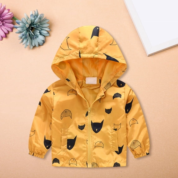 XQYLOS Toddler Boys Girls Cartoon Print Hooded Zip Jacket Lightweight Windbreaker Trench Coat Kids Outerwear Spring Autumn Casual Windproof Raincoat