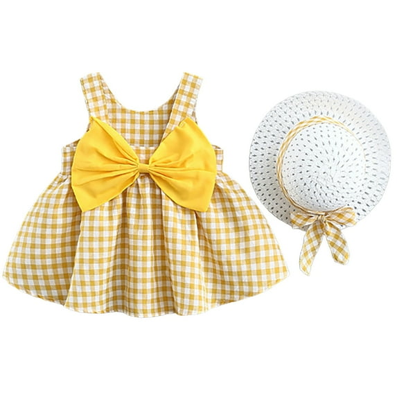 XQYLOS Toddler Floral Dress with Bowknot Suspender & Hat 2-Piece Set Baby Girl Spring Outfit Breathable Cotton Playground Church Event Dress