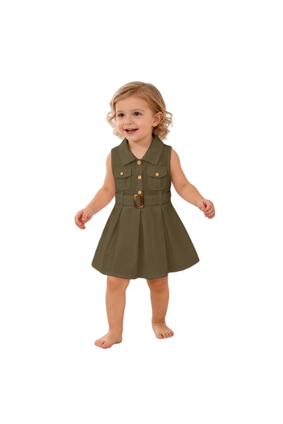 Toddler Girls Denim Dress Sleeveless Summer Casual Lapel Collar A Line Pleated Ruffl𝖾 Belt Playdate Comfortable Daily Outing Park