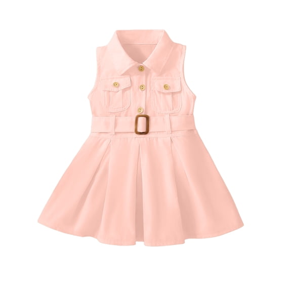 EnJoCho Toddler Girls Denim Jeans Dress Sleeveless Summer Casual Lapel Collar A-line Pleated Ruffl𝖾 Dress with Belt Toddler Summer Sleeveless 𝖲undress