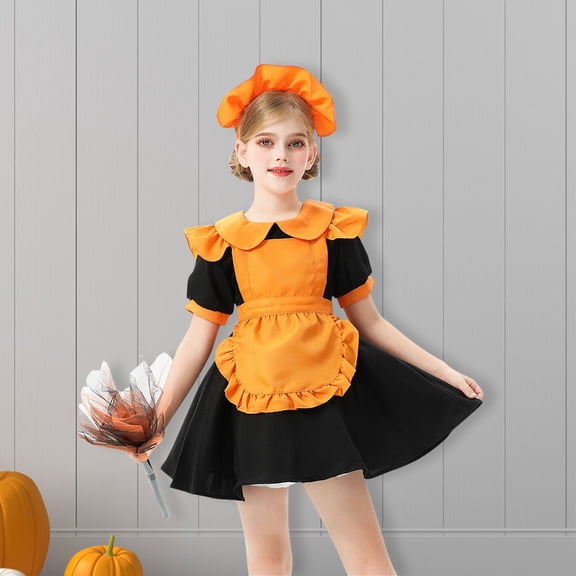 XQYLOS Toddler Girls’ Halloween Outfit - Pumpkin 𝖬aid 𝖫olita Dress Restaurant Bat Witch Magic Cos-play Dress