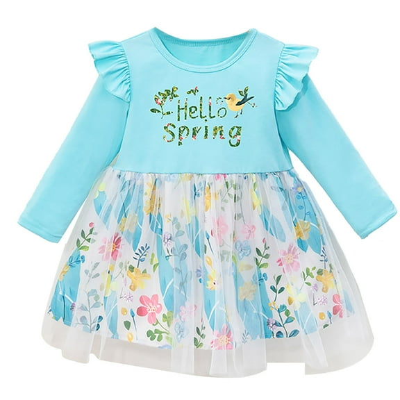 XQYLOS Toddler Girls Ruffle Spliced Dress Spring/Fall Long Sleeve Floral Print Casual Play Dress Baby Girl's Smocked Waist Party Outfit Soft Stretch Daily Wear