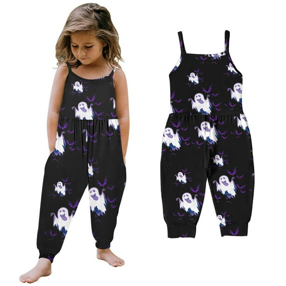 XQYLOS Toddler Girls Sleeveless Jumpsuit Halloween Pumpkin Bat Pattern Romper with Pockets, Casual Summer Outfit for 1-6T Jumpsuit Play, Breathable Clothing