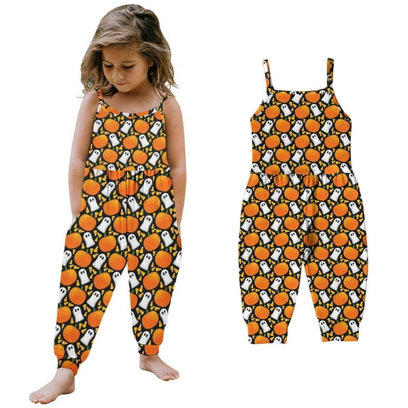 XQYLOS Toddler Girls Sleeveless Jumpsuit Halloween Pumpkin Bat Pattern Romper with Pockets, Casual Summer Outfit for 1-6T Jumpsuit Play, Breathable Clothing