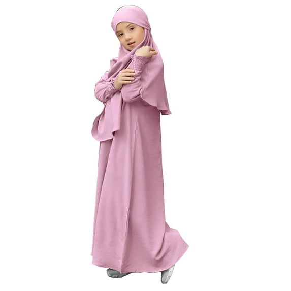 XQYLOS Toddler Muslim Girls Dress with Bow Tie Detail, Long Sleeve Modest Abaya & Skirt Set, Ramadan Prayer Outfit for Kids