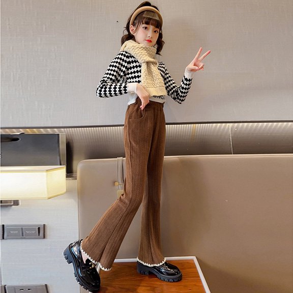 XQYLOS Tollder Girl High Elastic Waist Flare Leg Pants Casual Long Bell Bottom Trousers Girls Retro Flare Pants Junior Bell Bottom Jeans Junior Wide Leg Flare Jeans