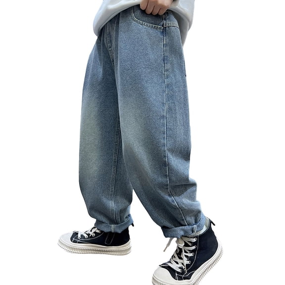 XQYLOS Washed Denim Jeans for Boys Kids, Soft Elastic Waist Pants with Pockets, Wide Leg Retro 𝖸𝟤𝗄 Streetwear Trousers, Loose Fit Toddler to Teen Sizes