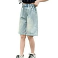thumbnail image 1 of XQYLOS Youth Girls Baggy 𝖵intage Denim Shorts Wide Leg High Elastic Waist Distressed Lightweight 𝖲tretch Retro Casual Shorts, 1 of 6