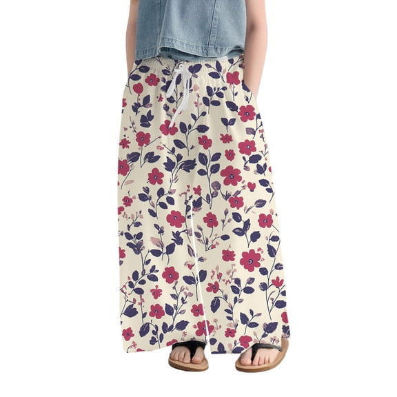 XQYLOS Youth Girls Floral 𝖯alazzo Pants Wide Leg High Waist Slit Hem Pockets Baggy Lounge Trousers Lightweight 𝖲tretchy