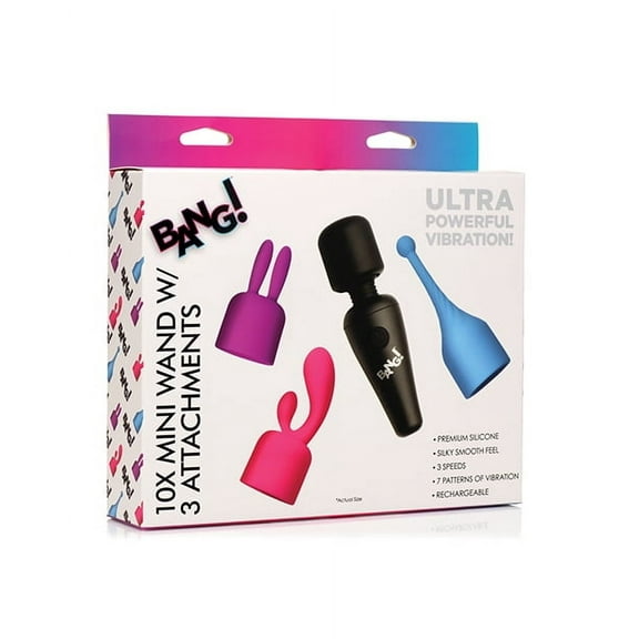 XR Brands Bang! 10x Mini Wand W/ 3 Attachments, Rabbit Vibrator