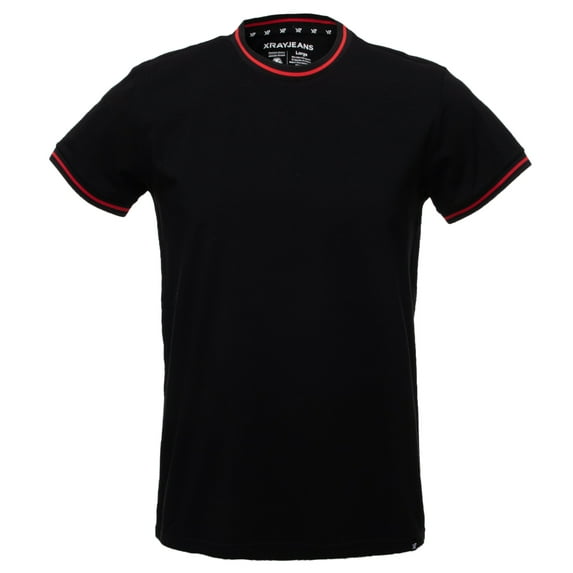 XRAY JEANS Men's Athletic Slim Fit Ribbed Crewneck T-Shirt, Soft Stretch Performance Cotton Solid Color Tee for Men, Black/Fiery Red, Size Large