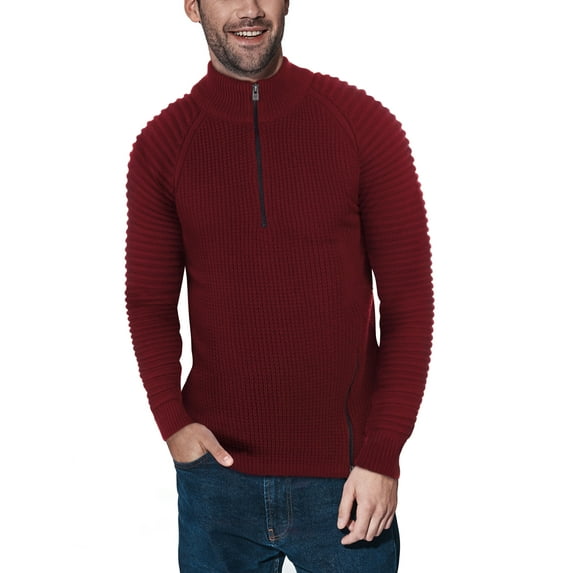 XRAY JEANS Mens Quarter Zip Ribbed Cable Knit Striped Pattern Pullover Sweater Long Sleeve Burgundy