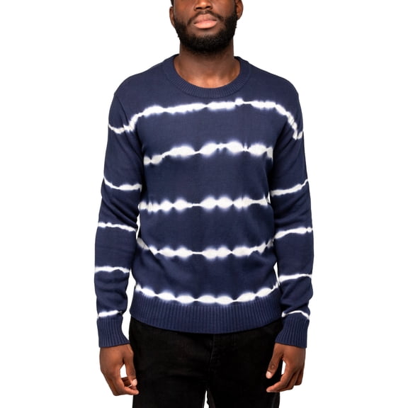 X RAY JEANS Mens Striped Tie-Dye Crewneck Cotton Sweater, Navy/White, M