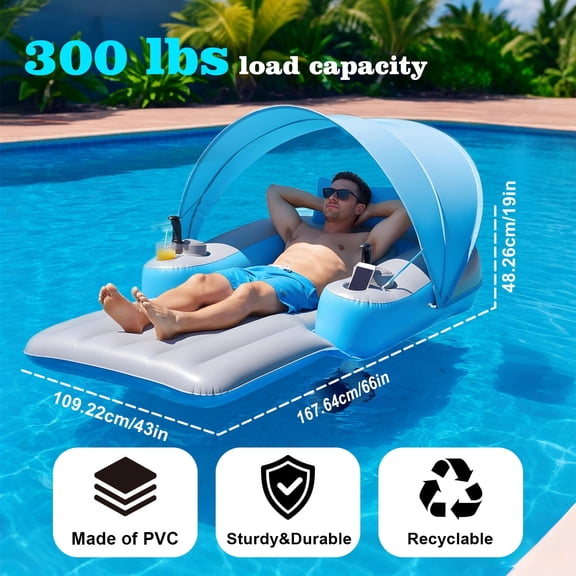 XRELIATECH Motorized Pool Lounger, Motorized Pool Float with Detachable Sun Canopy, 360-Degree Rotatable Electric Propeller, Heavy Duty PVC Floating Pool Raft, Max 3