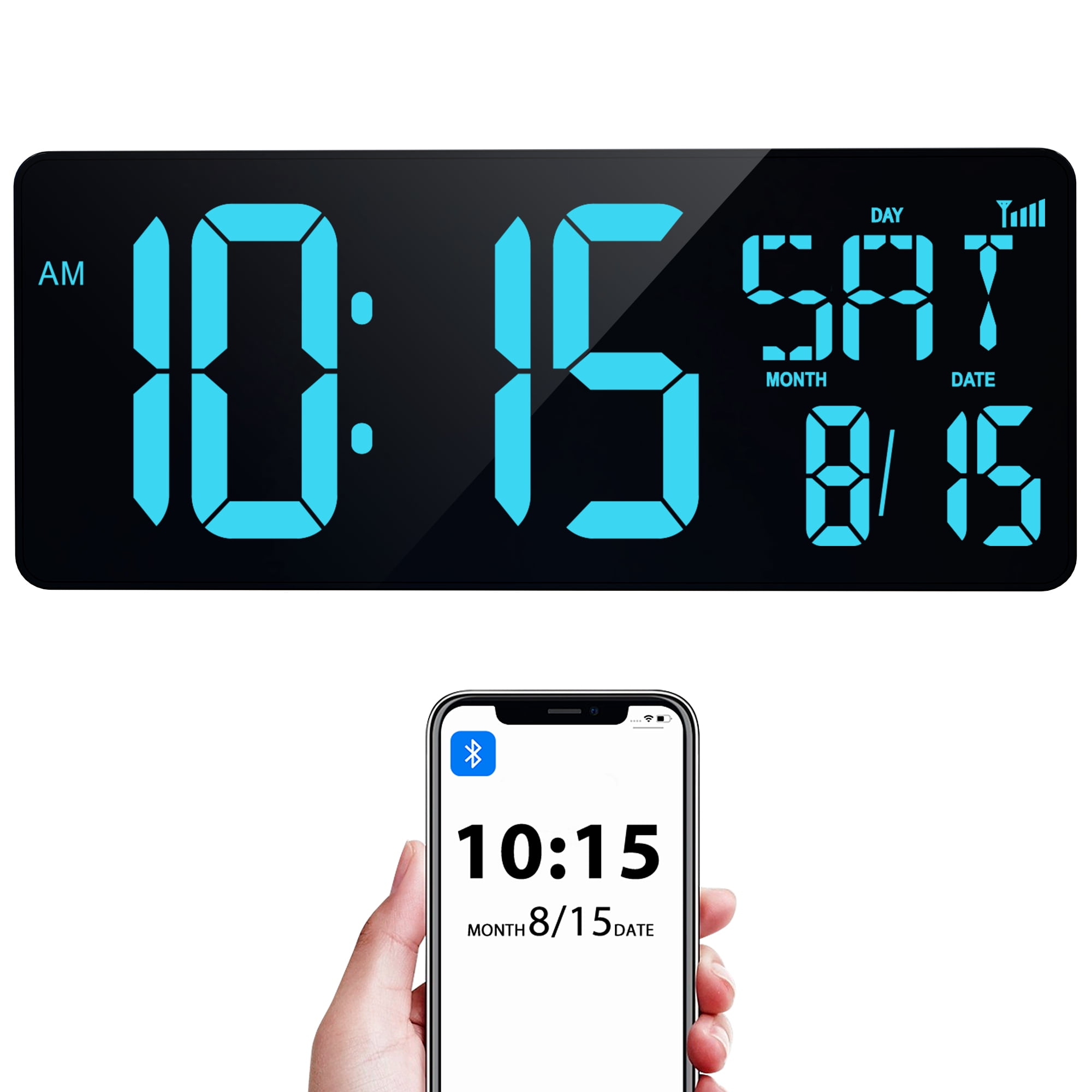 XREXS Large Digital Wall Clock, Bluetooth Enabled, Temp Display, Desk