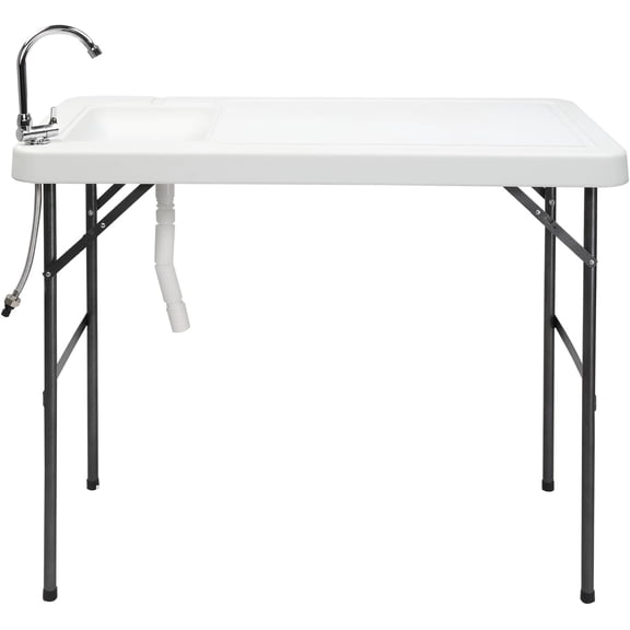 XRG Folding Fish Cleaning Table with Sink & Faucet - Portable Outdoor Fillet, Hunting & Cutting Station, HDPE Top, Foldable Legs, Hose Hookup - Camping, Fishing, Backyard, 46" x 24", Off White