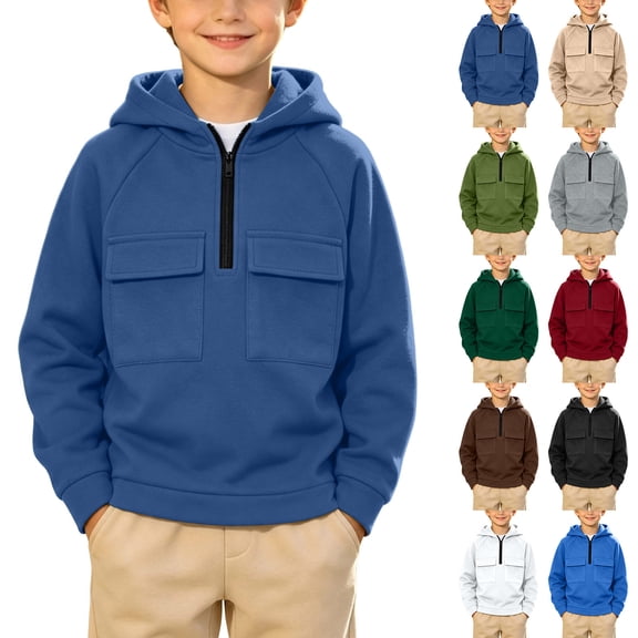 XRSKRS Boys Half Zip Hoodies Winter Warm Fleece Sweatshirts Hooded Raglan Long Sleeve Tops for School Solid Color Hoodie with Two Cargo Pocket