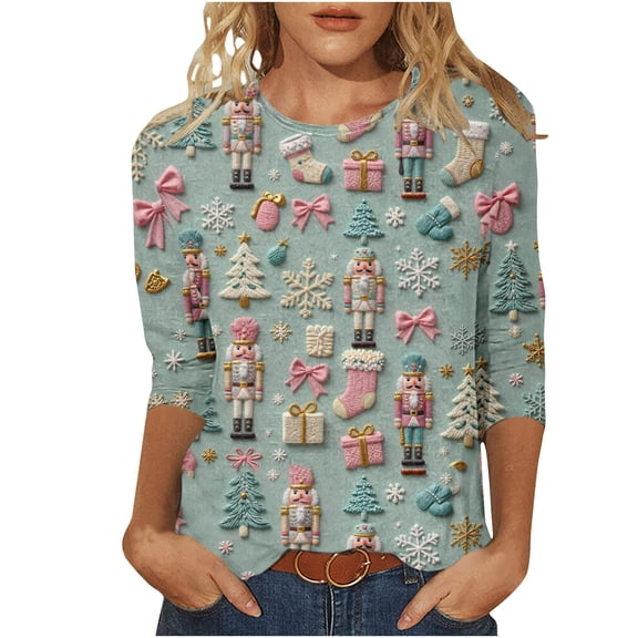 XRSKRS Christmas Shirts for Women 2026 Santa Snowman Graphic Crew Neck Basic Tops Relaxed Fit Fashion Blouse for Winter Holiday Family Party
