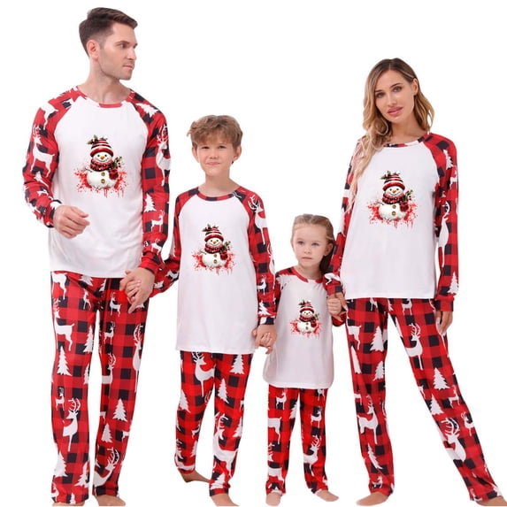 XRSKRS Family Matching 2PCS Sets Merry Christmas Graphic Tops and Trendy Plaid Long Pants Winter Holiday Comfy Outfits,Snowman,8Y