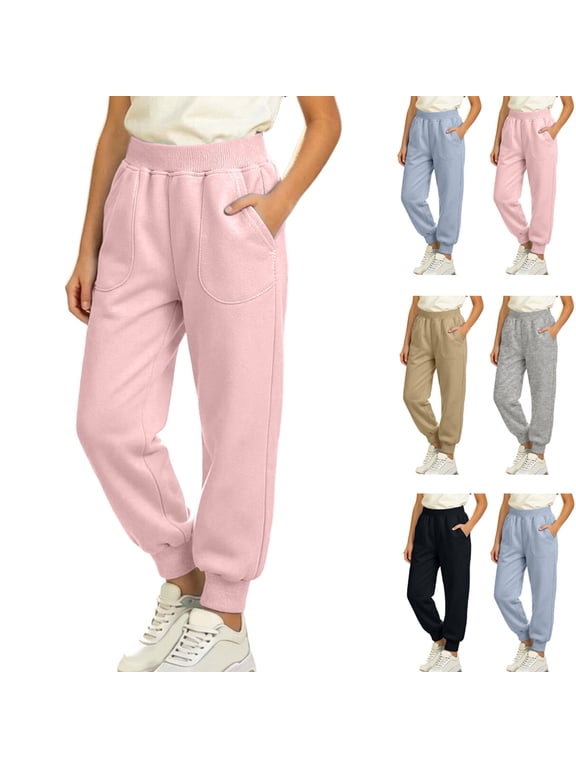 Girls Jogger Sweatpants High Elastic Waist Sweat Pants with Patch Pockets Rib Cuff Solid Color Athletic Jogger Size 1-11 Years
