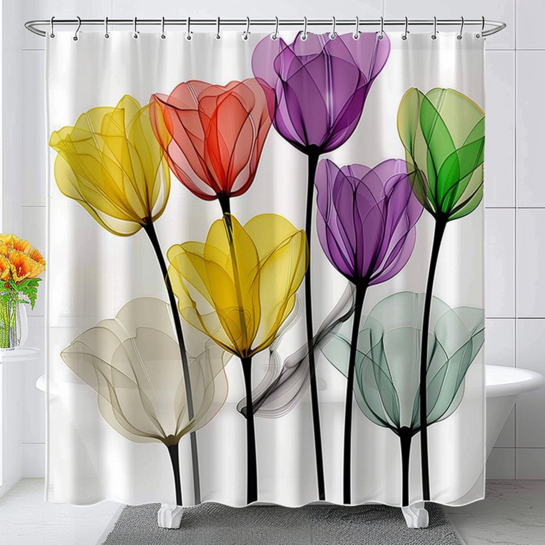 XRay Style Tulip Shower Curtain Vibrant Yellow Red Green and Purple