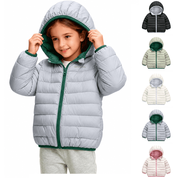 XRoczxe 1‑8 Years Kids Lightweight Quilted Hooded Puffer Jacket, Boys Girls Color‑Lined Zip‑Up Short Padded Coat, Windproof Packable Warm Winter Outerwear Gray