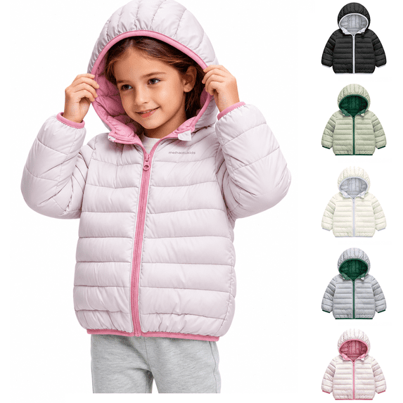 XRoczxe 1‑8 Years Kids Lightweight Quilted Hooded Puffer Jacket, Boys Girls Color‑Lined Zip‑Up Short Padded Coat, Windproof Packable Warm Winter Outerwear Pink