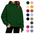 thumbnail image 1 of XRoczxe 5‑15 Years Old Kids Zip‑Up Sweatshirt Jacket, Boys Girls Solid Color Stand Collar Long Sleeve Fleece Jacket With Pockets & Thumb Hole Cuffs, 1 of 7