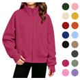 thumbnail image 1 of XRoczxe 5‑15 Years Old Kids Zip‑Up Sweatshirt Jacket, Boys Girls Solid Color Stand Collar Long Sleeve Fleece Jacket With Pockets & Thumb Hole Cuffs, 1 of 7