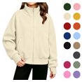 thumbnail image 1 of XRoczxe 5‑15 Years Old Kids Zip‑Up Sweatshirt Jacket, Boys Girls Solid Color Stand Collar Long Sleeve Fleece Jacket With Pockets & Thumb Hole Cuffs, 1 of 7