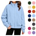 thumbnail image 1 of XRoczxe 5‑15 Years Old Kids Zip‑Up Sweatshirt Jacket, Boys Girls Solid Color Stand Collar Long Sleeve Fleece Jacket With Pockets & Thumb Hole Cuffs, 1 of 7