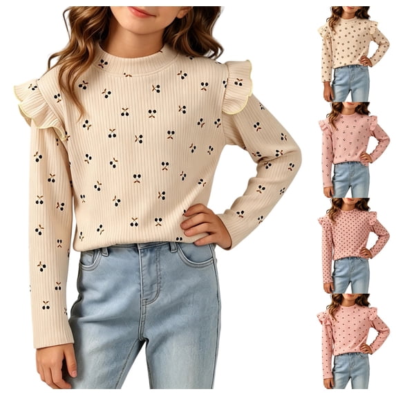 XRoczxe Girls' Autumn/Winter Blouse: Semi-high collar, shoulder paneling, double-layer lettuce-edge ruffles, and printed design.