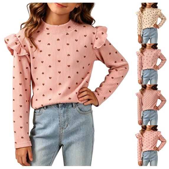 XRoczxe Girls' Autumn/Winter Blouse: Semi-high collar, shoulder paneling, double-layer lettuce-edge ruffles, and printed design.