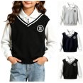 thumbnail image 1 of XRoczxe Girls Fake‑Two‑Piece Sweatshirt, V‑Neck Striped Trim Vest‑Style Long Sleeve Preppy Pullover Top Black, 1 of 6