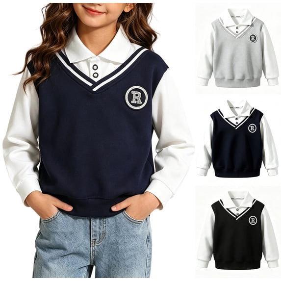 XRoczxe Girls Fake‑Two‑Piece Sweatshirt, V‑Neck Striped Trim Vest‑Style Long Sleeve Preppy Pullover Top Navy