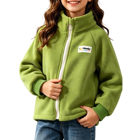 XRoczxe Girls Fleece Stand‑Collar Zip Up Jacket, Warm Casual Plush Kids Outer Coat Green