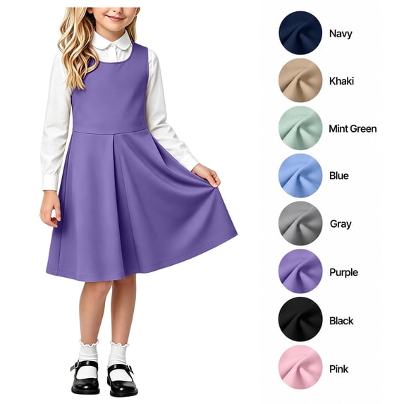 XRoczxe Girls Pleated Jumper Dress, Sleeveless A-Line School Uniform Pinafore, Classic Round Neck Swing Skirt for Kids Daily Wear & Parties