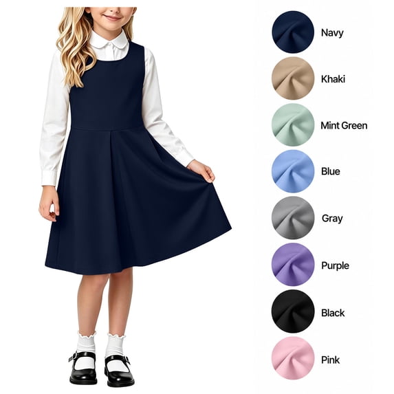 XRoczxe Girls Pleated Jumper Dress, Sleeveless A-Line School Uniform Pinafore, Classic Round Neck Swing Skirt for Kids Daily Wear & Parties