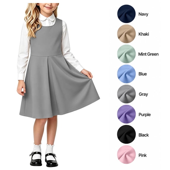XRoczxe Girls Pleated Jumper Dress, Sleeveless A-Line School Uniform Pinafore, Classic Round Neck Swing Skirt for Kids Daily Wear & Parties
