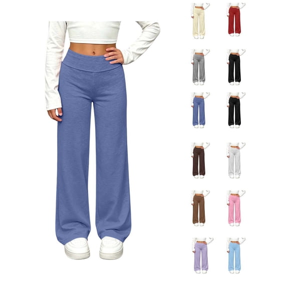 XRoczxe Girls Solid‑Color Wide‑Leg Casual Pants, Elastic Waist Lightweight Straight‑Leg Sports Trousers For Autumn Daily Outfit|Drak Blue