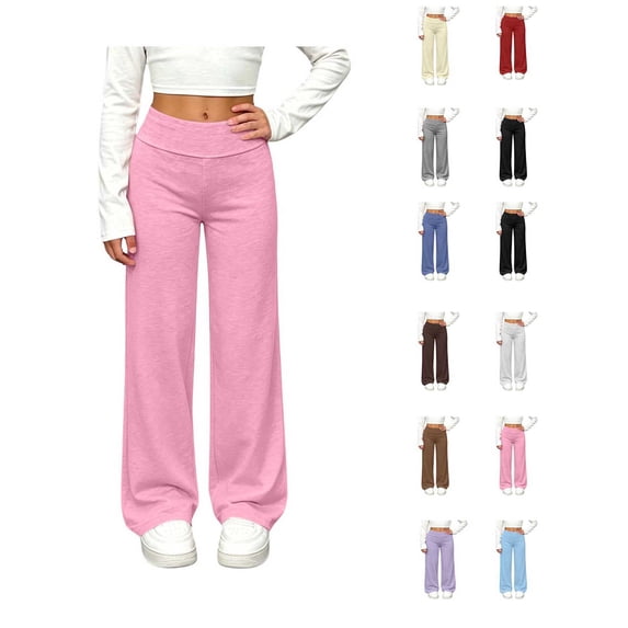 XRoczxe Girls Solid‑Color Wide‑Leg Casual Pants, Elastic Waist Lightweight Straight‑Leg Sports Trousers For Autumn Daily Outfit|Pink